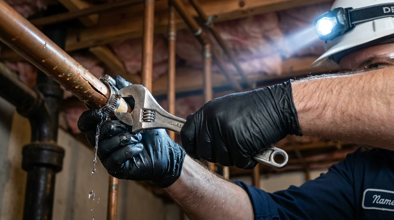 Emergency pipe clamp repair being performed by a Johns Plumbing LLC plumber in Maurice