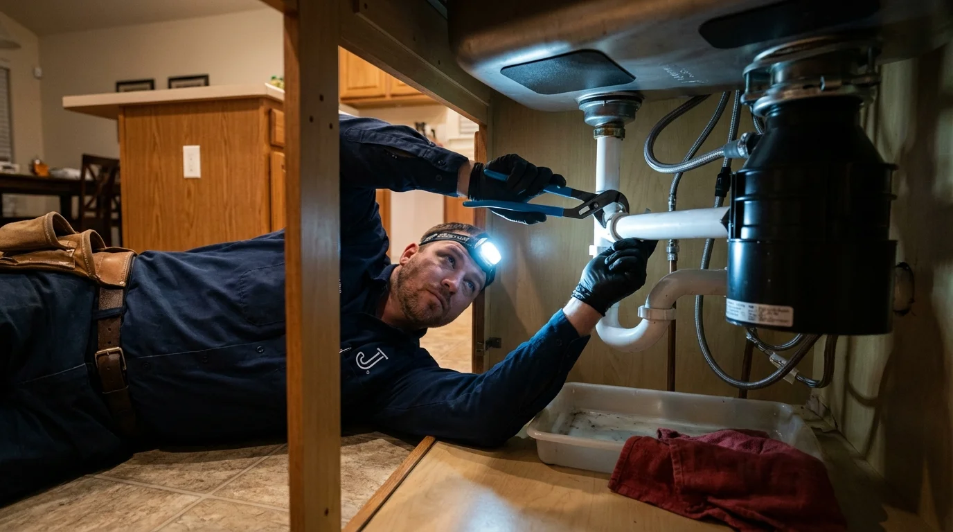 P-trap and supply line connections under a kitchen sink showing a common leak point in Maurice, LA